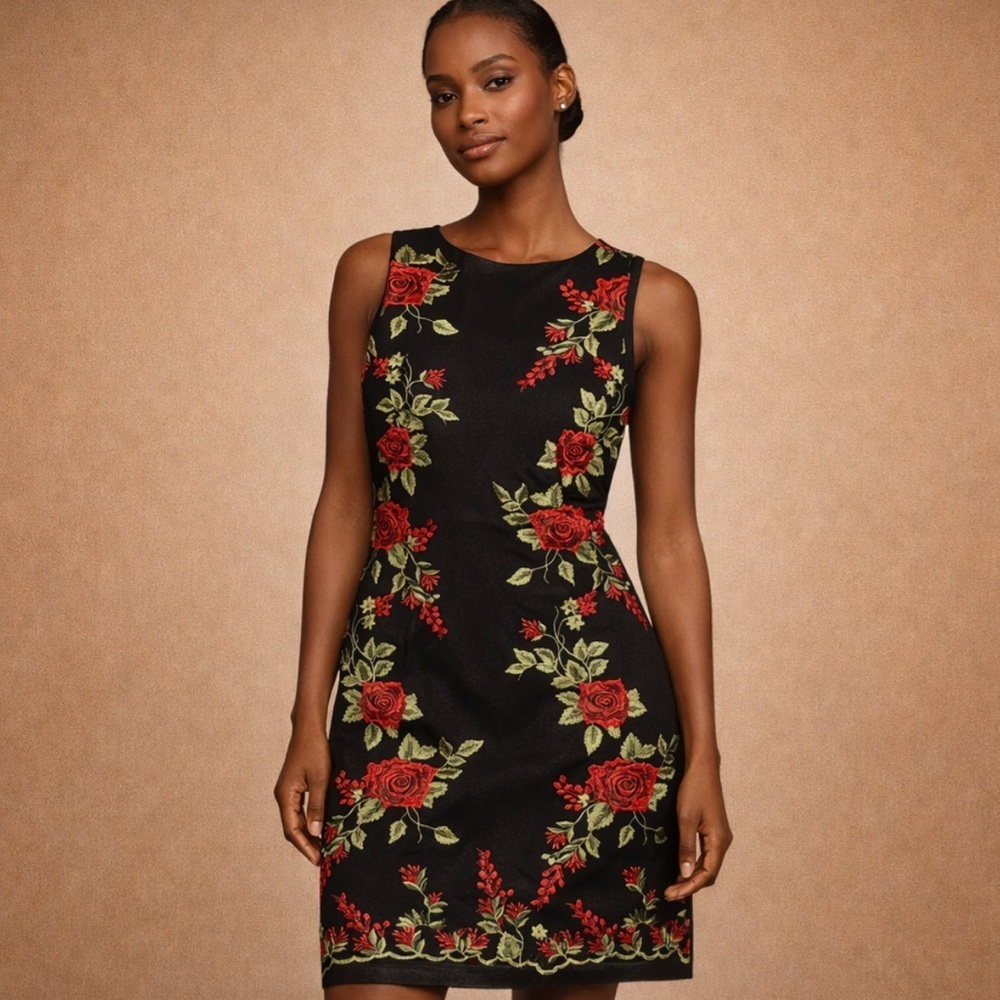 Donna Morgan Black Embroidered Rose Dress Size 10